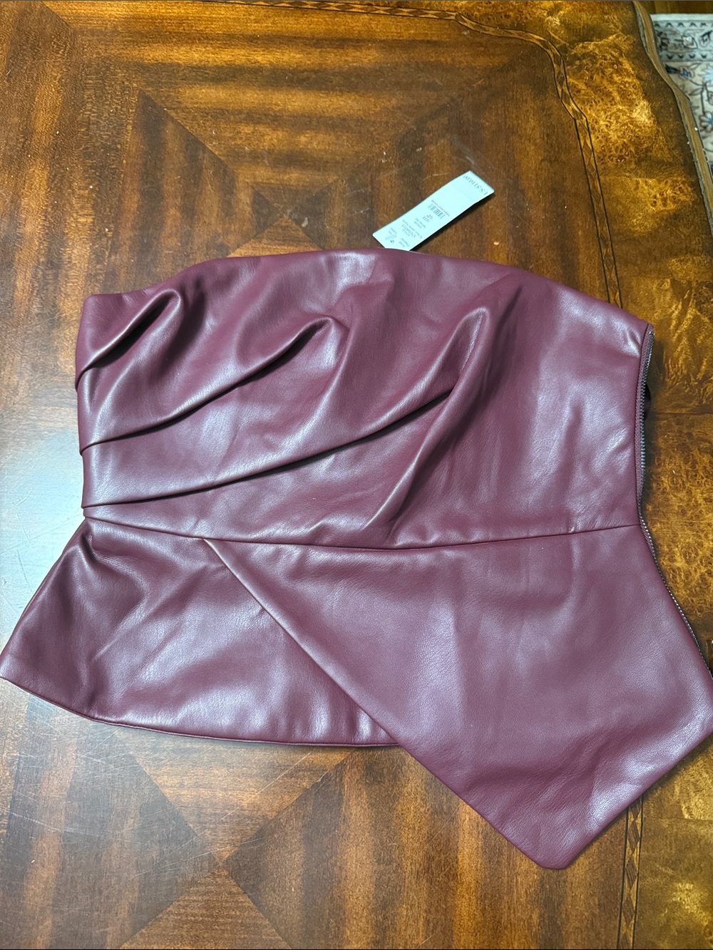 Strapless Faux Leather Asymmetrical Shirt in Burgundy